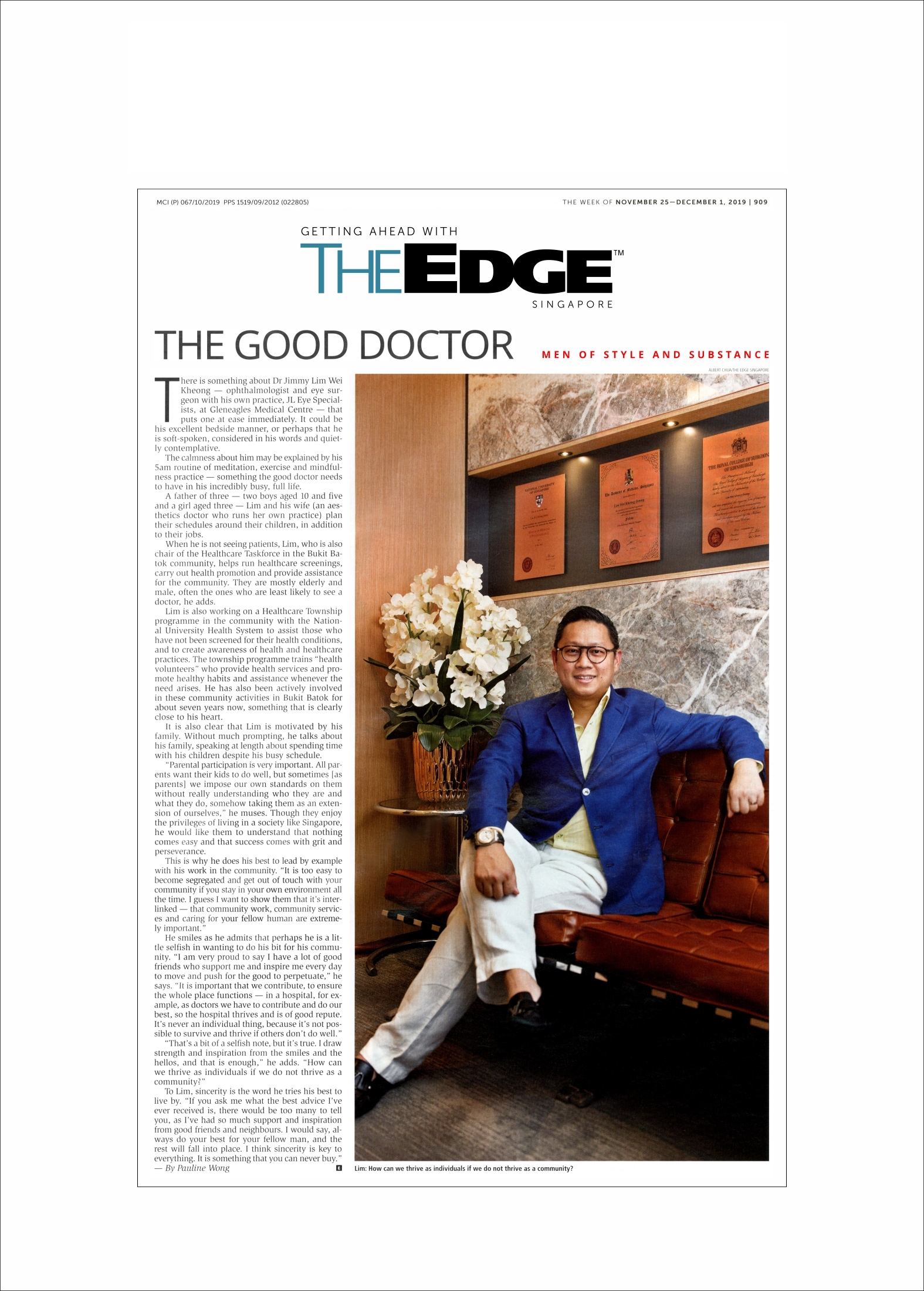 Doctor's Interview on The Edge Magazine Singapore November 25 - December 2, 2019