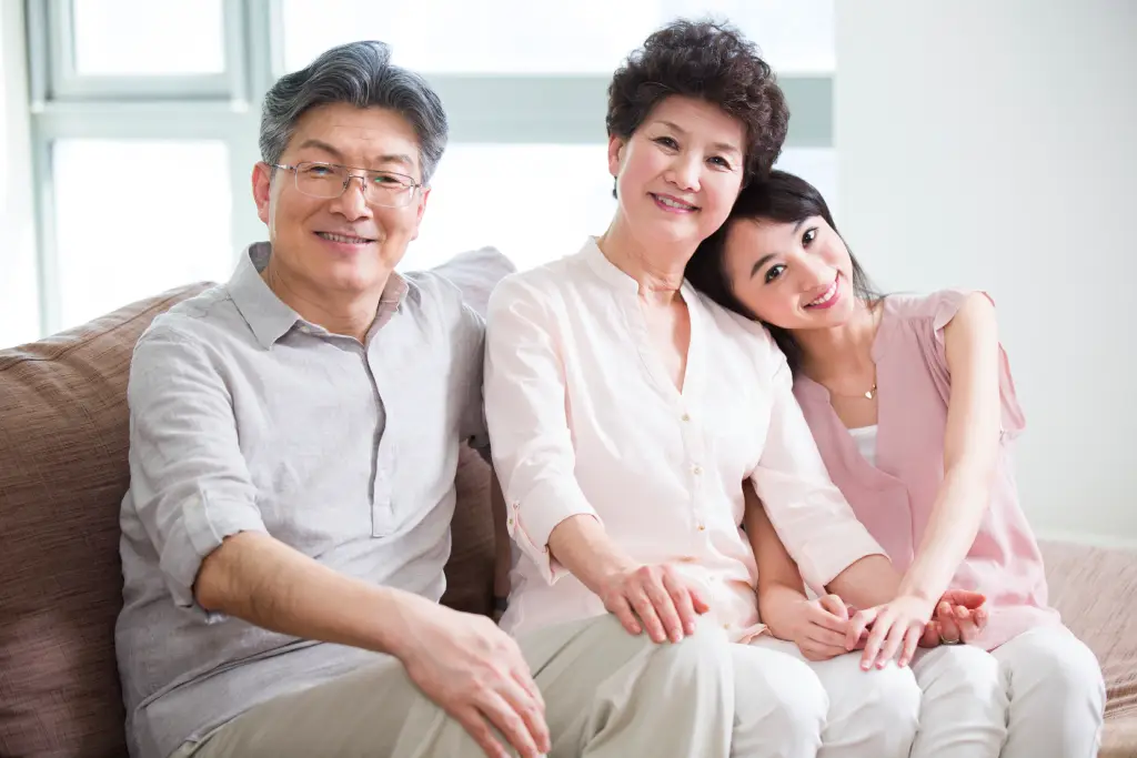  Smiling Asian family at home after follow up after cataract surgery and successful vision recovery.